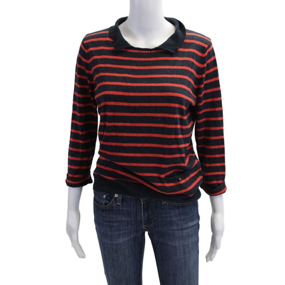 Margaret OLeary Womens Striped Pointelle Collared Sweater Navy Red Size Medium